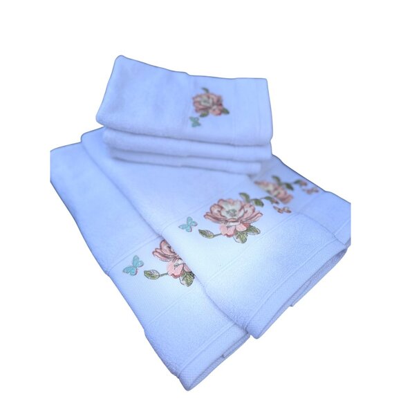 3 small 3 Medium Avanti Cotton Vintage Peach Rose Embroidered Bathroom Towels - Picture 6 of 15
